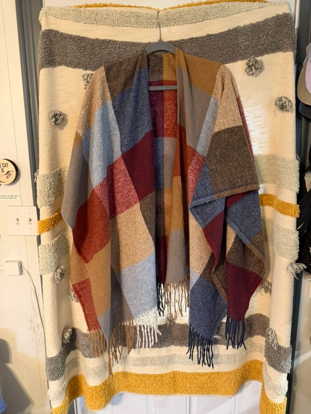 Multi Color Plaid Fringe Open Front Poncho Cape Wrap Shawl Blanket Cardigan OS